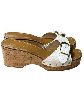 Veronica Beard Dallas white embossed leather metallic buckle slide sandals